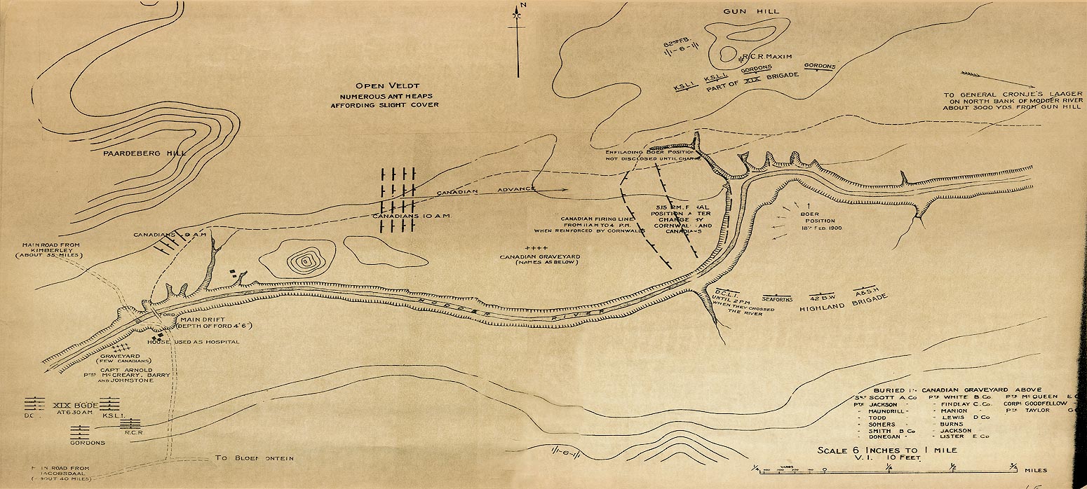 Cartes de la guerre des Boers - Carte de la bataille de Paardeberg indiquant les positions de la IXe Division (dont fait partie le 2nd Royal Canadian Regiment) au 18 fvrier 1900, au cours du premier engagement. Credit:  CWM 19880069-145