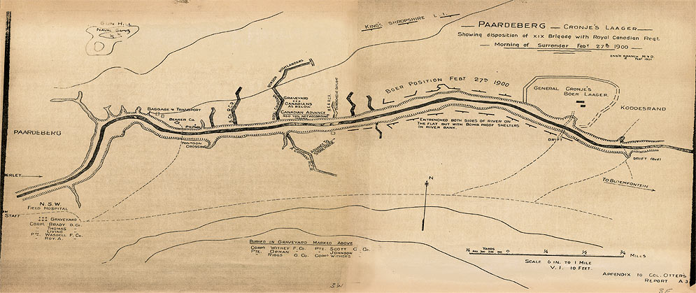 Boer War Maps - Map of the Battle of Paardeberg Showing the Area of General Pieter Arnoldus Cronje's Laager and the Position of the XIX Brigade Including the Royal Canadian Regiment on the Morning of 27 February 1900 when General Cronje's forces surrendered.  Credit:  CWM 19880069-145