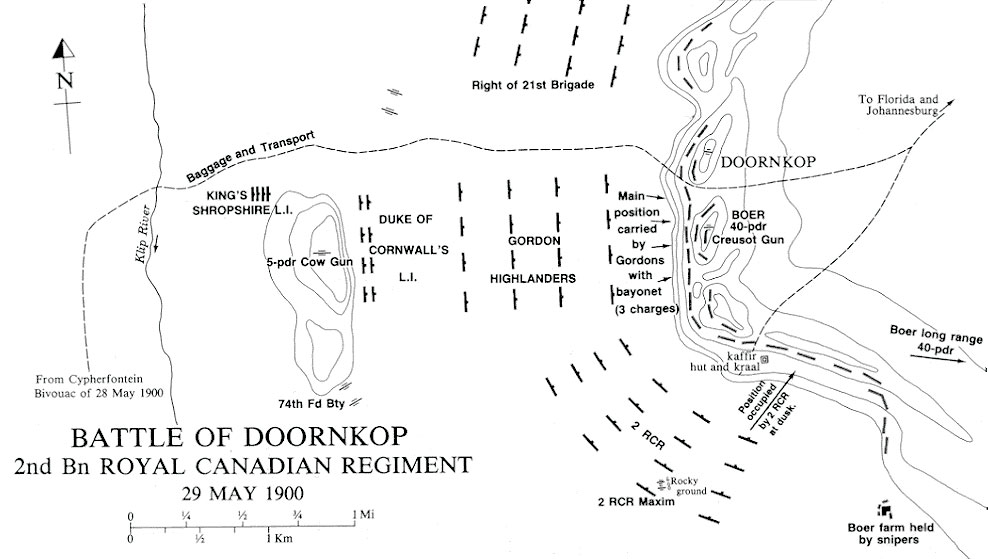 Boer War Maps - Map of the Battle of Doornkop.  Credit : Carman Miller, 'Painting the Map Red: Canada and the South African War 1899-1902'.  Canadian War Museum and McGill-Queen's University Press, Montreal and Kingston, 1993. p. 130
