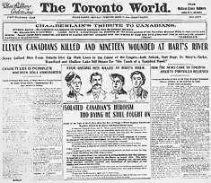 Boer War Picture, The Toronto World newspaper headlines the recent battle fought at Harts River.
