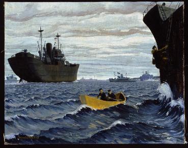 Inspecteur de la Marine montant à bord d'un navire marchandPeinture de Donald C. Mackay, 1943