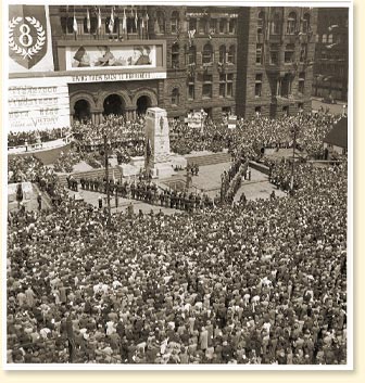 VE Day celebrations in Toronto, Ont., May 1945. Photo by Ronny Jaques. - Photo Credit: NFB 12525, CWM Reference Photo Collection