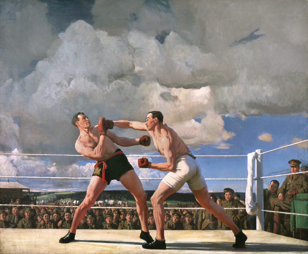 Peinture à l'huile de deux hommes dans un ring de boxe