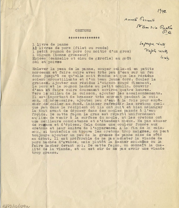 « Cretons », recette de Madame Annette Perrault de Sainte-Anne de la Pocatière; Recueillie par Marius Barbeau en 1942., © MCC/CMC