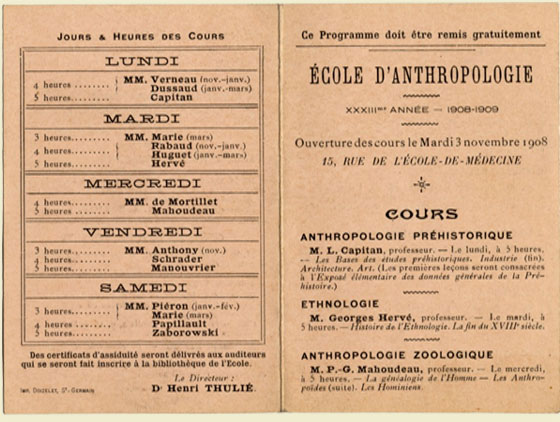 Programme of courses from the École d'anthropologie (Paris) for the 1908-1909 school year., © CMC/MCC