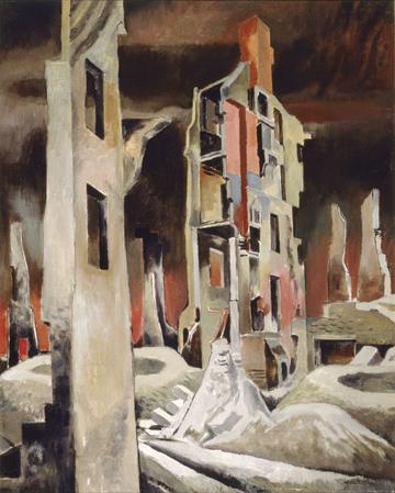 Maisons bombardées, Caen (Normandie), Will Ogilvie, Musée canadien de la guerre, 19710261-4436