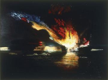 Des forces côtières légères font sauter un navire marchand , Richard Eurich, Musée canadien de la guerre, 19710261-6082