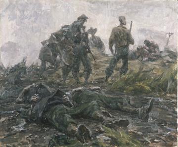 Battlefield burial of three NCOs, Ivor Hele, Australian War Memorial, ART22560