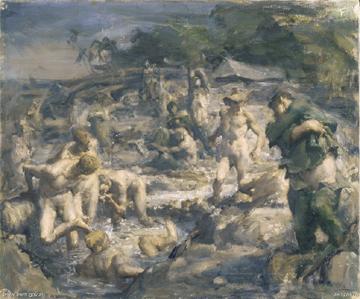 2/10th Australian Commando Squadron : toilette et lavage, Ivor Hele, Australian War Memorial, ART26875