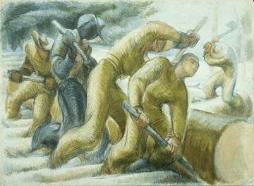 Working in the snow, Australian forestry unit, Scotland, Sheila Hawkins, Australian War Memorial, ART26918