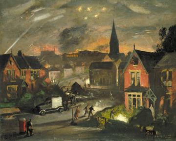 Incendiaries in a suburb, Henry Carr RA, Imperial War Museum ART LD1518