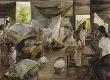 Femmes et enfants britanniques internés dans un camp de prisonniers japonais, Syme Road, Singapour, Leslie Cole, Imperial War Museum, ART LD 5620