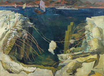 A crater in the naval dockyard, Hong Kong, Leonard Rosoman RA, Imperial War Museum, ART LD 5650