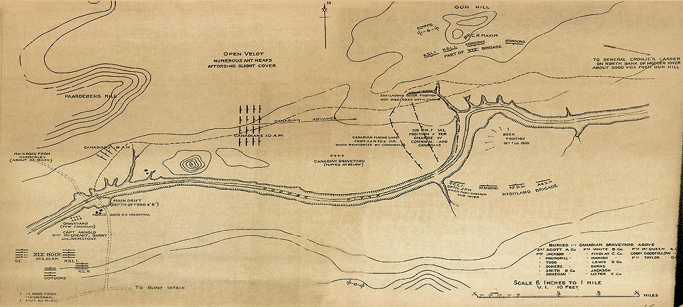 Cartes de la guerre des Boers - Carte de la bataille de Paardeberg indiquant les positions de la IXe Division (dont fait partie le 2nd Royal Canadian Regiment) au 18 fvrier 1900, au cours du premier engagement. Credit:  CWM 19880069-145