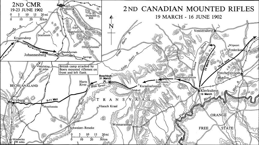 Cartes de la guerre des Boers - Carte indiquant les mouvements du 2nd Regiment, Canadian Mounted Rifles, du 19 mars au 16 juin 1902.  Credit : Carman Miller, 'Painting the Map Red: Canada and the South African War 1899-1902'.  Canadian War Museum and McGill-Queen's University Press, Montreal and Kingston, 1993. p. 404