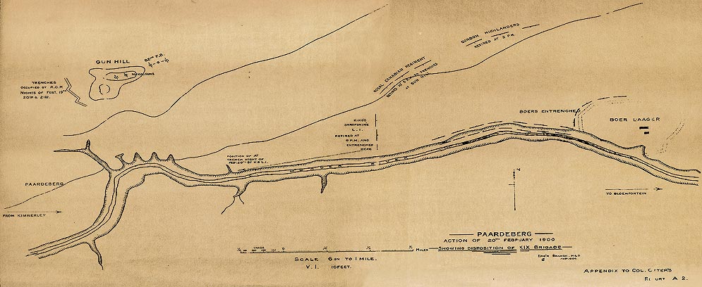 Boer War Maps - Map of the Battle of Paardeberg Showing the Position of the XIX Brigade on 20 February 1900. Credit:  CWM 19880069-145