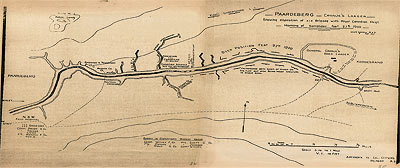 Cartes de la guerre des Boers - Carte de la bataille de Paardeberg indiquant la zone du Laager Général Pieter Arnoldus Cronje et la position de la XIXe Brigade au matin du 27 février 1900 au moment de la reddition des forces du Général Cronje.  Credit:  CWM 19880069-145