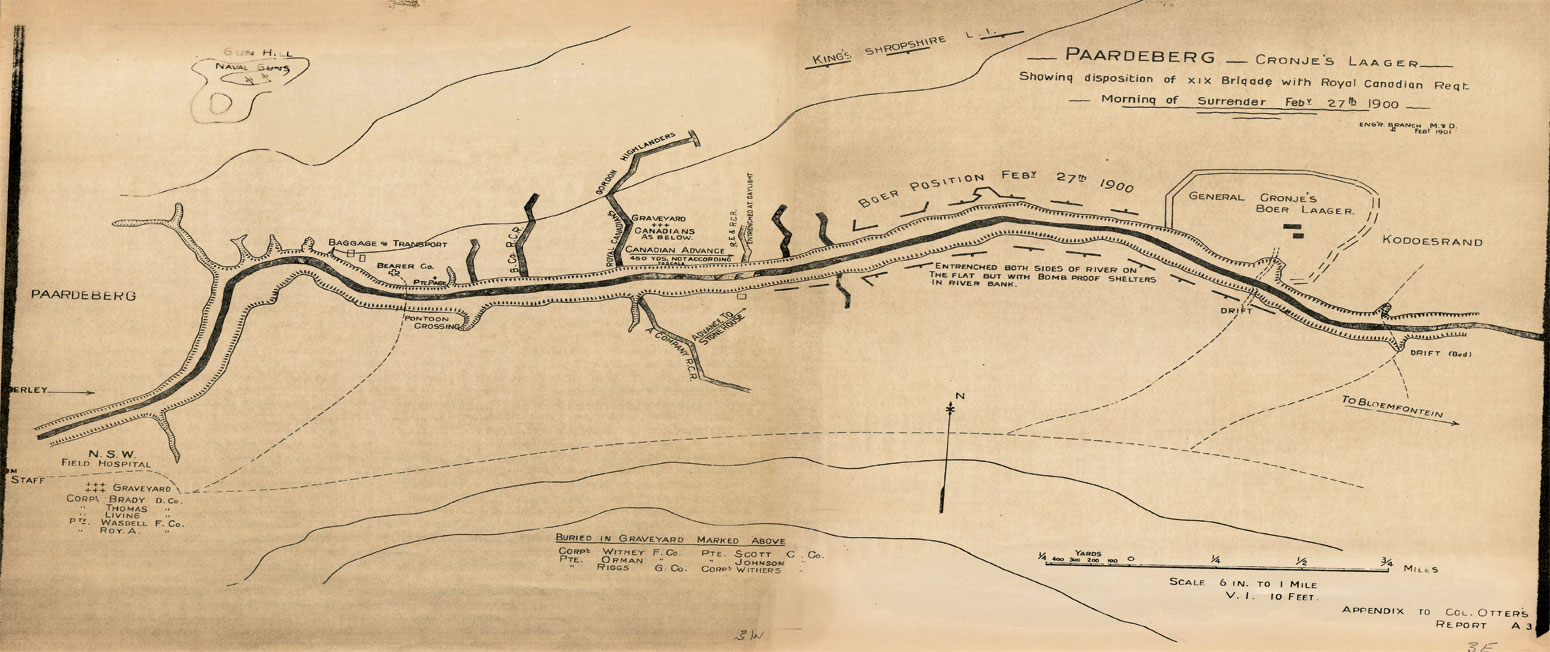 Cartes de la guerre des Boers - Carte de la bataille de Paardeberg indiquant la zone du Laager Gnral Pieter Arnoldus Cronje et la position de la XIXe Brigade au matin du 27 fvrier 1900 au moment de la reddition des forces du Gnral Cronje. Credit:  CWM 19880069-145