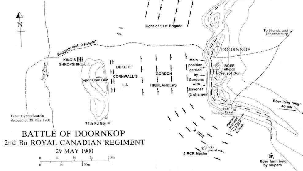 Cartes de la guerre des Boers - Carte de la bataille de Doornkop, 29 mai 1900.  Credit : Carman Miller, 'Painting the Map Red: Canada and the South African War 1899-1902'.  Canadian War Museum and McGill-Queen's University Press, Montreal and Kingston, 1993. p. 130