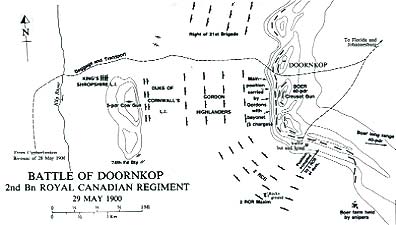 Cartes de la guerre des Boers - Carte de la bataille de Doornkop.  Credit : Carman Miller, 'Painting the Map Red: Canada and the South African War 1899-1902'.  Canadian War Museum and McGill-Queen's University Press, Montreal and Kingston, 1993. p. 130