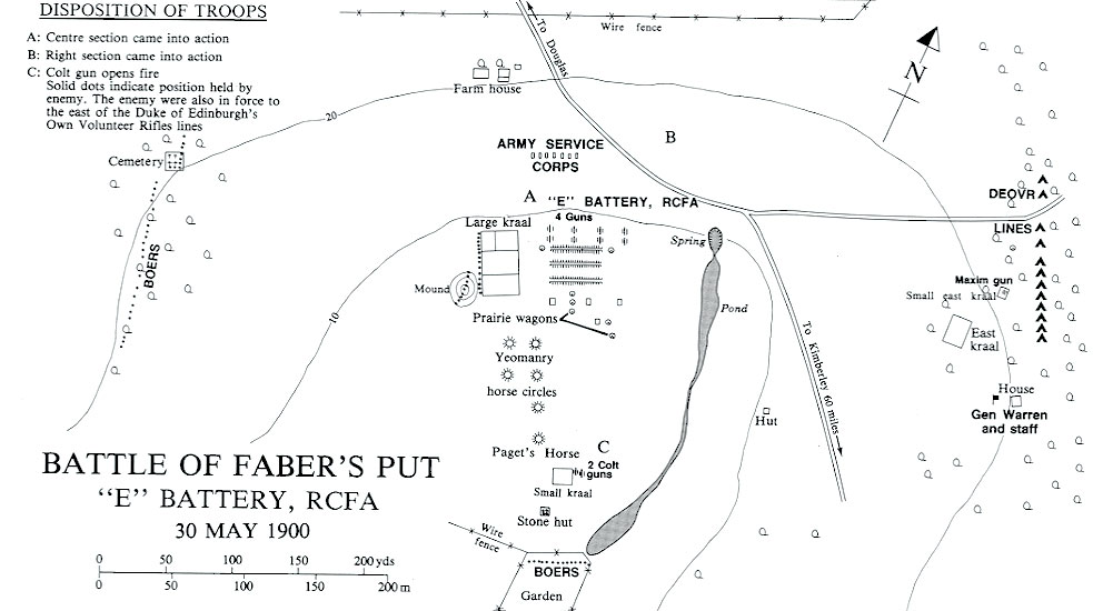 Cartes de la guerre des Boers - Carte de la bataille de Faber's Put, 30 mai 1900.  Credit : Carman Miller, 'Painting the Map Red: Canada and the South African War 1899-1902'.  Canadian War Museum and McGill-Queen's University Press, Montreal and Kingston, 1993. p. 130