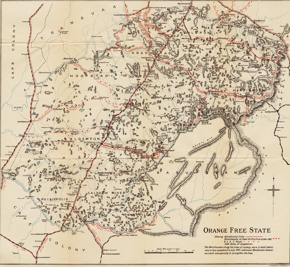 Cartes de la guerre des boers : Carte de la rpublique boer de l'tat libre d'Orange indiquant les lignes des blockhaus et des postes de la South African Constabulary, incluant les dates de leurs compltion - Credit : Canada. Dept. of Militia and Defence, 'Organization, equipment, despatch and service of the Canadian contingents during the war in South Africa, 1899-1900:Supplementary report (Sessional paper no. 35a)', Ottawa, Queen's Printer, 1901