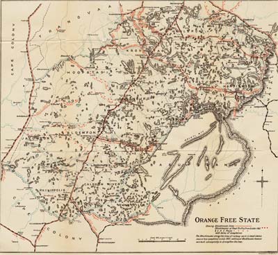 Cartes de la guerre des Boers - Carte de la rpublique boer de l'tat libre d'Orange indiquant les lignes des blockhaus et des postes de la South African Constabulary, incluant les dates de leurs compltion - Credit : 	Canada. Dept. of Militia and Defence, 'Organization, equipment, despatch and service of the Canadian contingents during the war in South Africa, 1899-1900:Supplementary report (Sessional paper no. 35a)', Ottawa, Queen's Printer, 1901