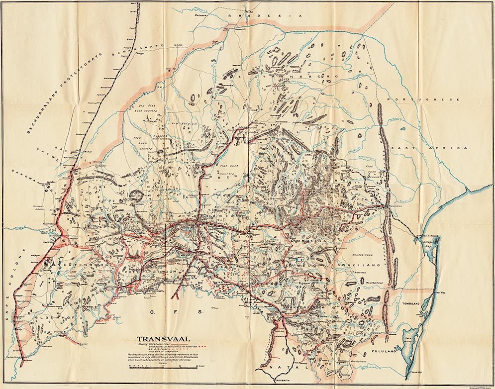 Cartes de la guerre des boers - Carte de la rpublique boer du Transvaal indiquant les lignes des blockhaus et des postes de la South African Constabulary, incluant les dates de leurs compltion