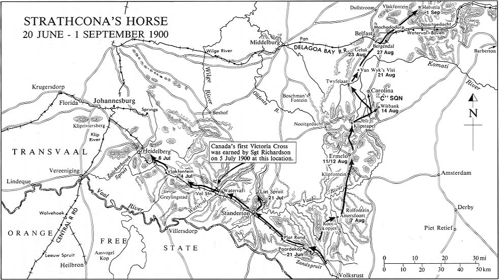 Cartes de la guerre des boers - Carte indiquant les mouvements des Strathcona's Horse du 20 juin au 1er septembre 1900.  Credit : Carman Miller, 'Painting the Map Red: Canada and the South African War 1899-1902'.  Canadian War Museum and McGill-Queen's University Press, Montreal and Kingston, 1993. p. 316