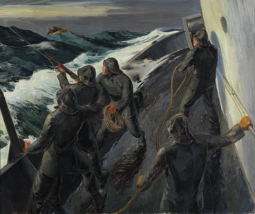 Sauvetage - Tir d'un fusil lance-amarre CostonPeinture d'Harold Beament, vers 1944