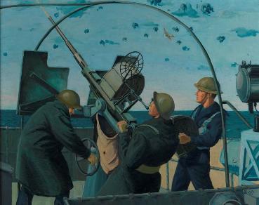 Canon antiaérien et équipage en actionPeinture de Donald C. Mackay, vers 1943