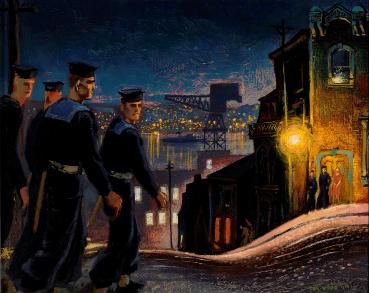 Une patrouille, rue Barrington, HalifaxPeinture de Thomas (Tom) Wood, 1945