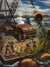 Levée des filets anti-sous-marins, port d'Halifax Peinture de Thomas (Tom) Wood, 1945