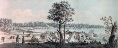 Loyalist refugee camp at 
Johnston (now Cornwall, Ontario), on the St. Lawrence River, 
1784 (NAC C-2001)ANC C-2001