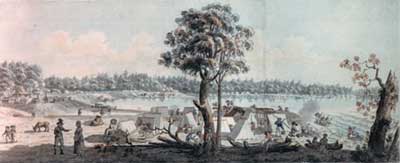 De nombreux immigrants loyalistes ont commencé leur nouvelle vie au Canada dans des camps de réfugiés. Celui-ci se trouvait à Cornwall (Ontario), sur le Saint-Laurent, en 1784. ANC C-2001