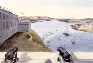 Vue depuis les baraques des officiers, la citadelle, Québec, le Cap Tourmente, l’île d’Orléans, 1840