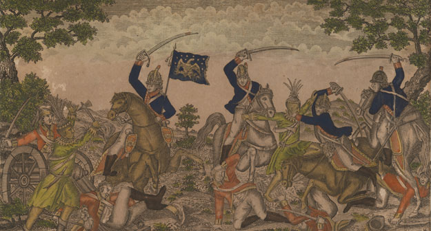 Des cavaliers du colonel Johnson chargent un groupe formé d’artilleurs britanniques et d’Indiens, à la bataille qui s’est déroulée près de Moravian Town, le 2 octobre 1813