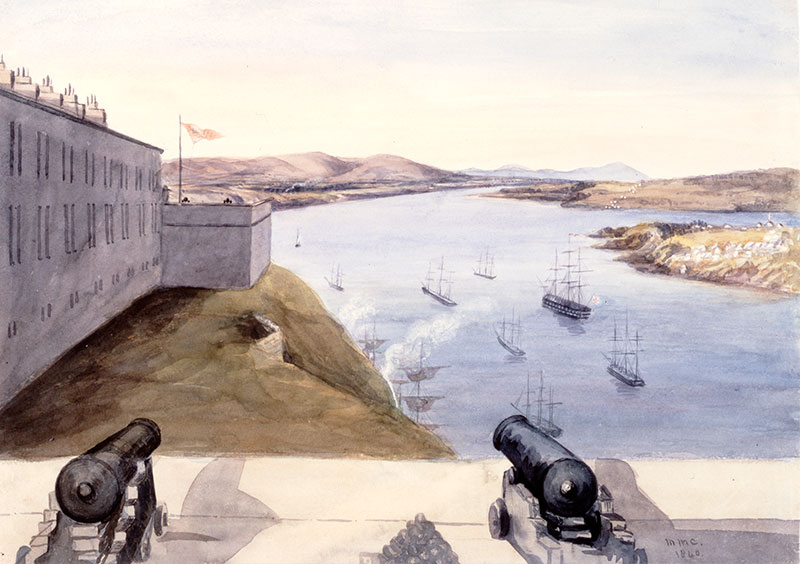 Vue depuis les baraques des officiers, la citadelle, Québec, le Cap Tourmente, l’île d’Orléans, 1840