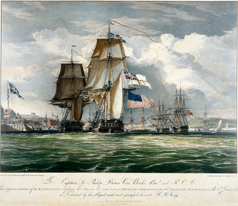 Le HMS Shannon remorque sa prise, la frégate américaine Chesapeake dans le port de Halifax