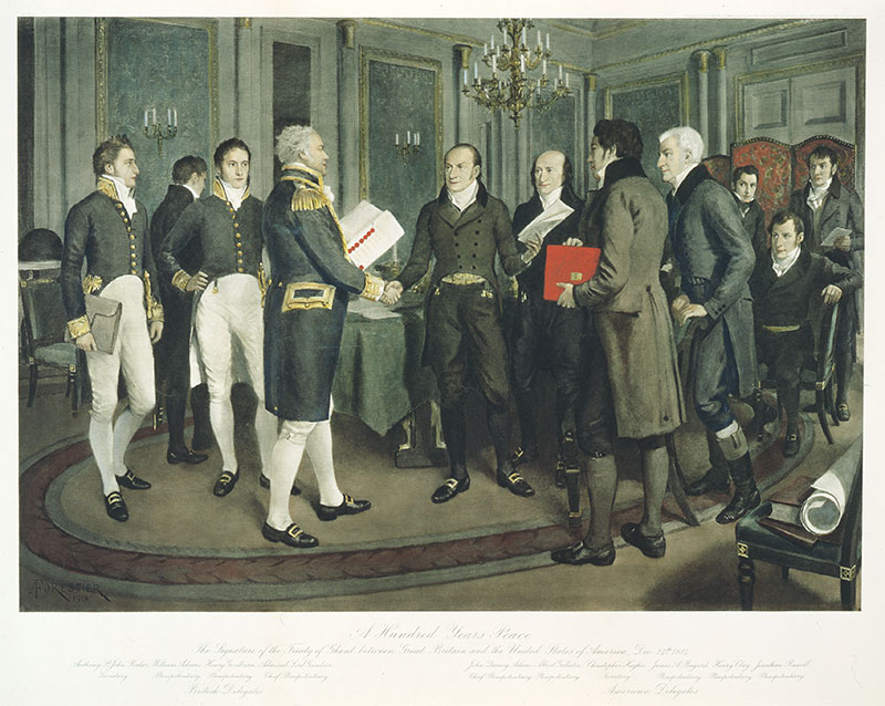 Cent ans de paix. La signature du traité de Gand passé entre la Grande-Bretagne et les États-Unis d’Amérique, le 24 décembre 1814.