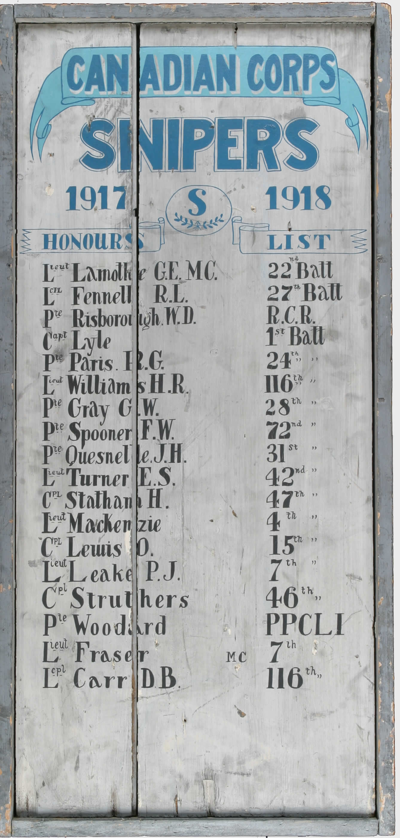 Tableau d'honneur des tireurs d'élite du Corps canadien