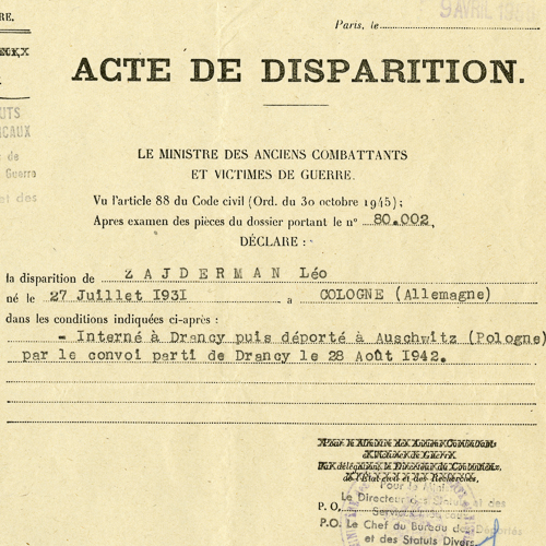 Acte de Disparition (Disappearance Certificate) for Leo Zajderman