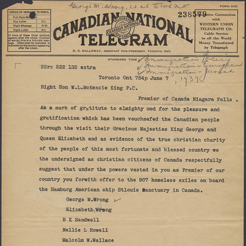 Télégramme envoyé au premier ministre W. L. McKenzie King