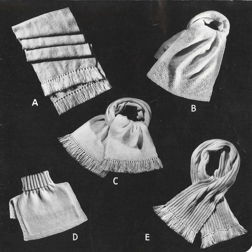 Une page du catalogue Beehive Service Woolies (tricots militaires) montre quatre écharpes et un plastron à col roulé.