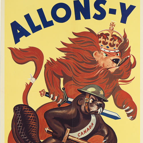 Illustration couleur d'un castor et d'un lion tenant des épées.