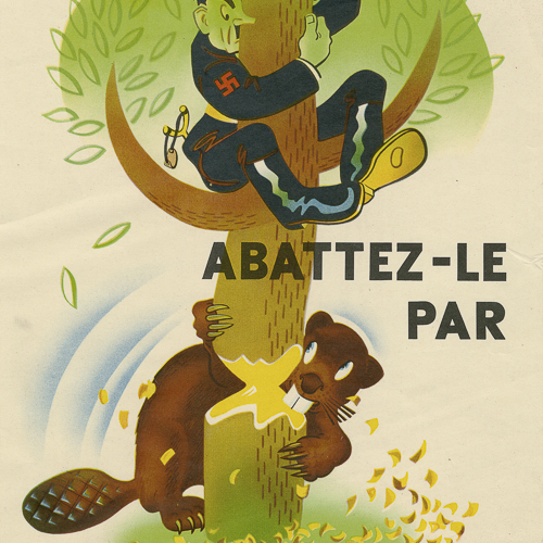 Illustration couleur d'une caricature de Hitler dans un arbre, avec un castor rongeant le tronc.