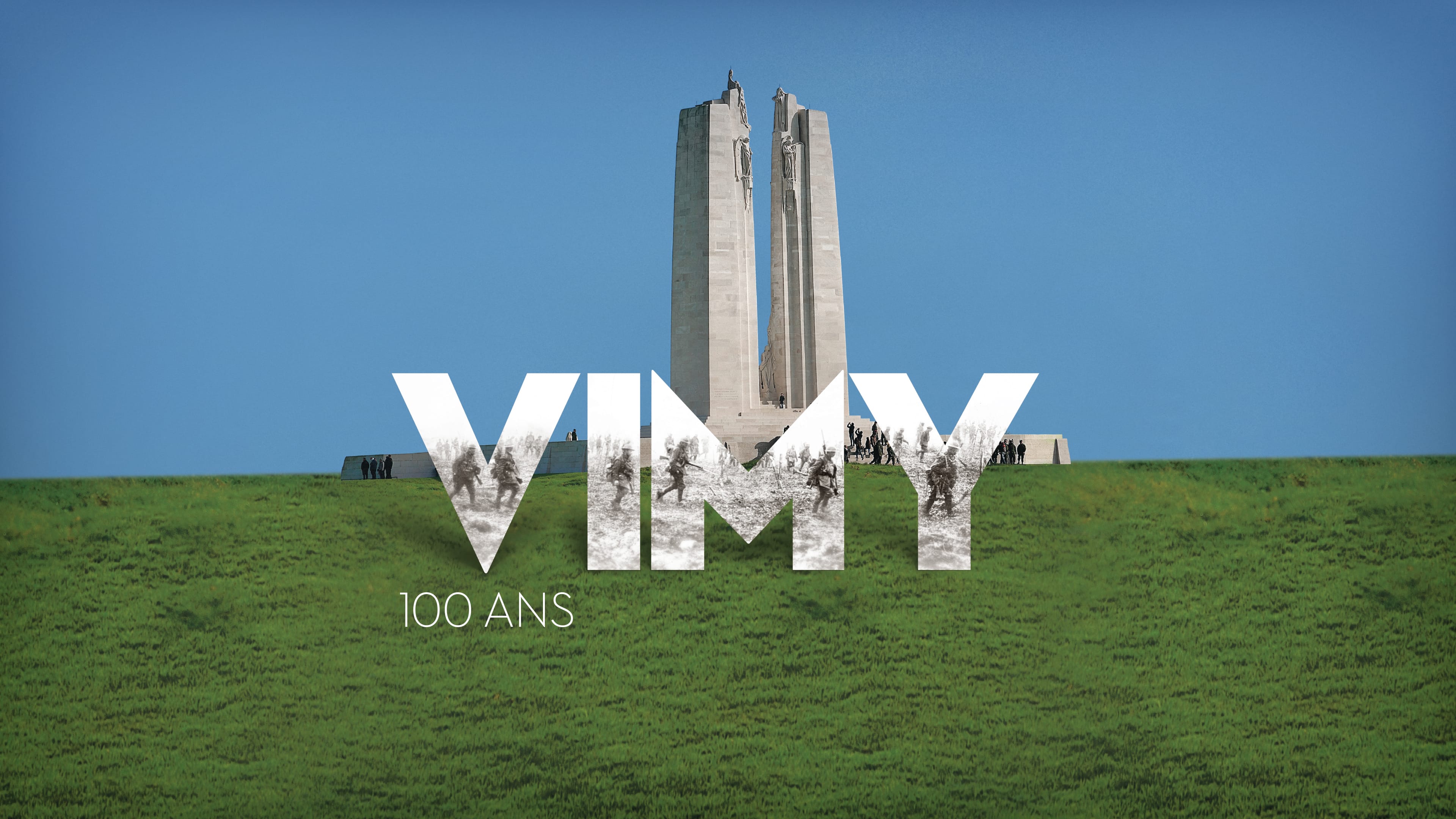 The limestone memorial and surrounding green field of the Canadian National Vimy Memorial. The words Vimy - 100 years overlaid on top. A black-and-white photograph of soldiers in at the Battle of Vimy Ridge shows through the word Vimy.
