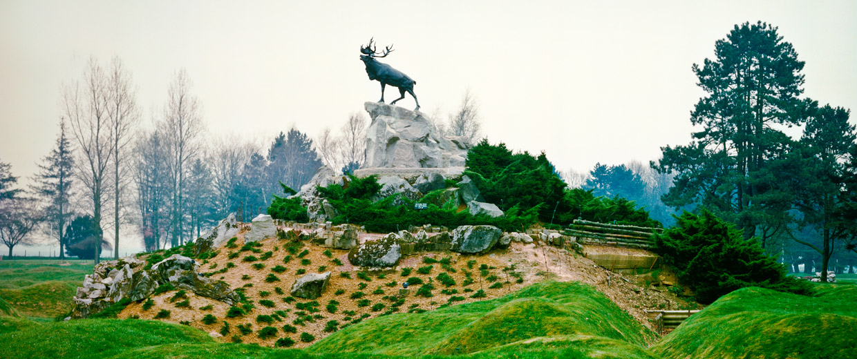 Une statue d'un cerf au sommet d'une colline herbeuse à Ottawa.