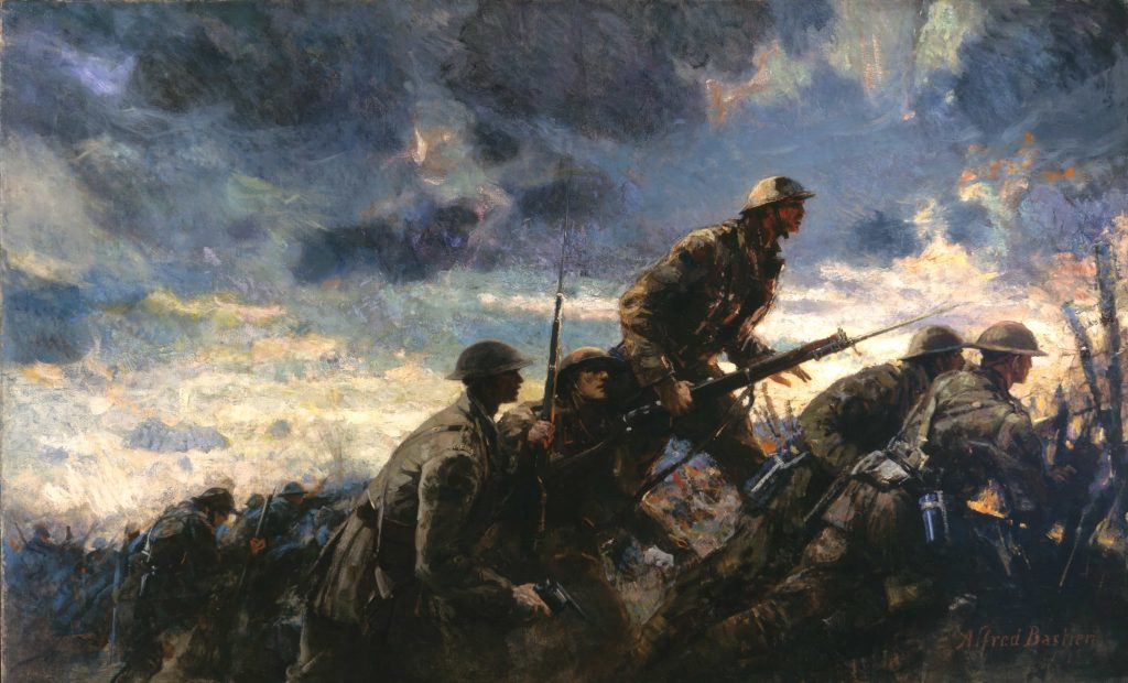 Groupe de soldats émergeant d’une tranchée pour lancer une attaque.