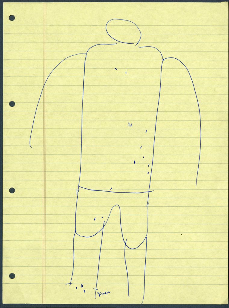 A drawn human figure with marks indicating injuries